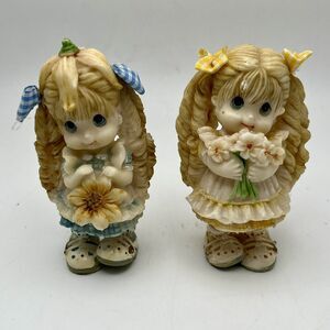 2 Vintage Sweet Kids Co Girl Figurines Big Blue Eyes Flowers Bows Blond Whimsy